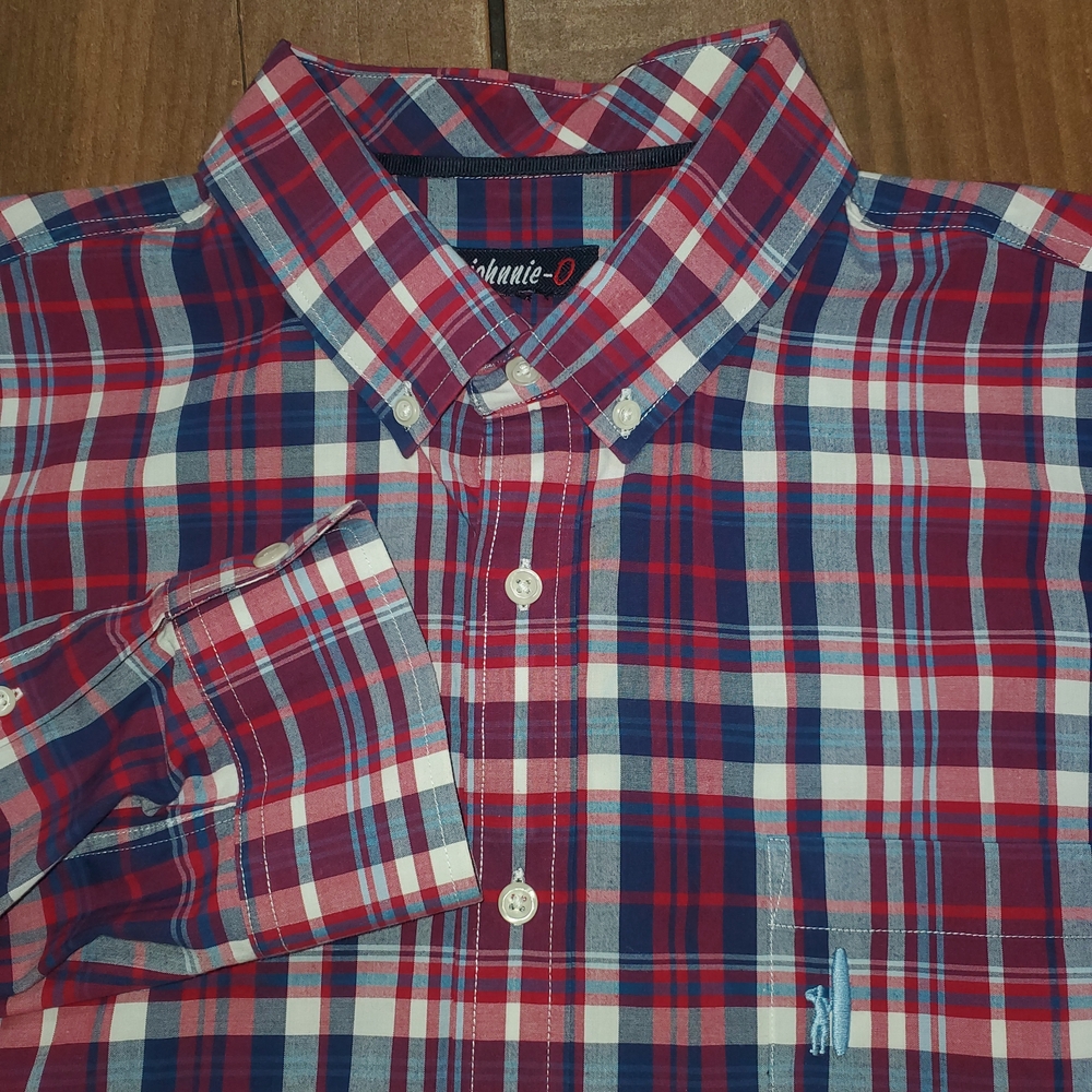 Johnnie-O Button Down Mens 2XL Red Gray Plaid Long Sleeve Cotton Madras Shirt